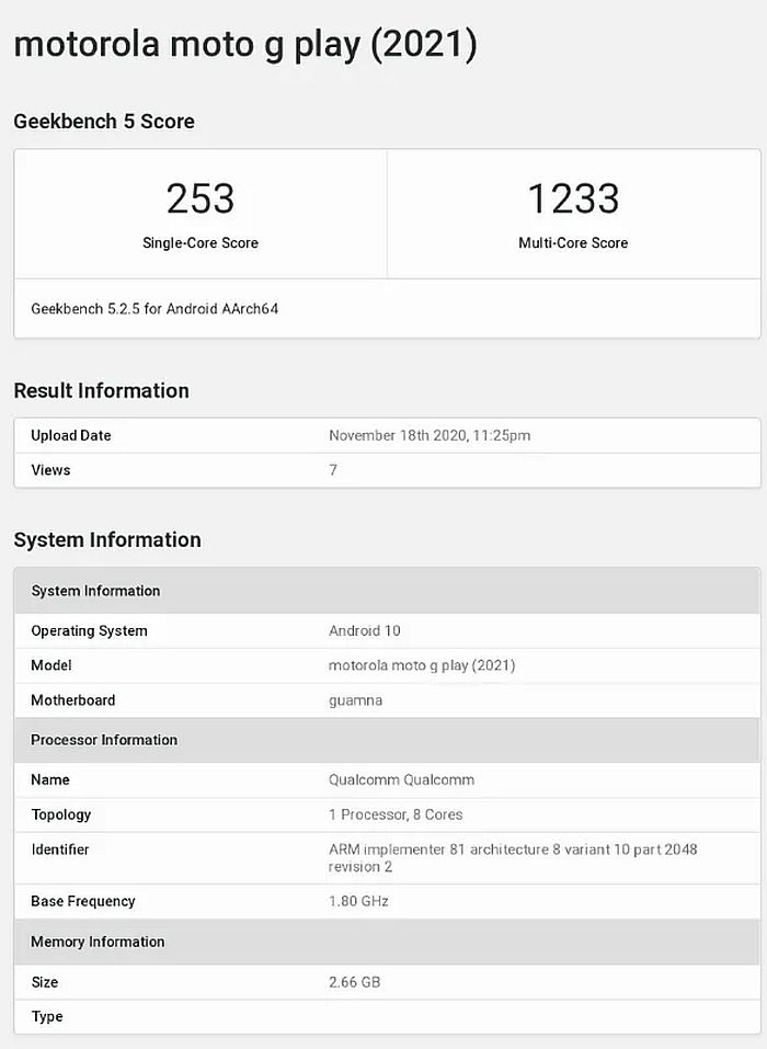 摩托羅拉Moto G Play（2021）跑分曝光：3GB內存+Android 10