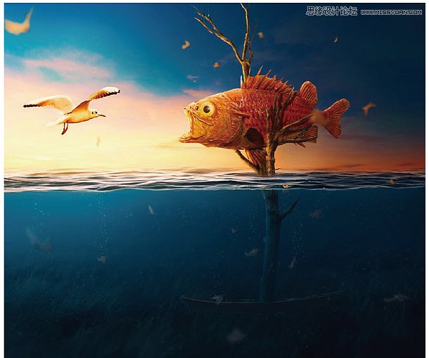 PS合成在水面上被數值托起的魚