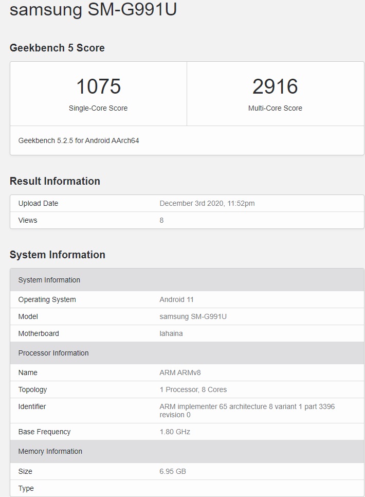 三星 Galaxy S21 現身 GeekBench:搭載驍龍 888 芯片,運行安卓 11