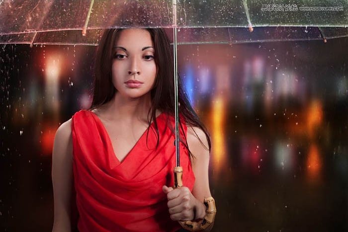 用ps給歐美打傘的人像照片添加夜景效果
