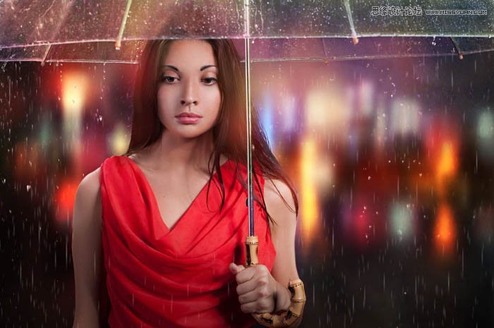 用ps給歐美打傘的人像照片添加夜景效果