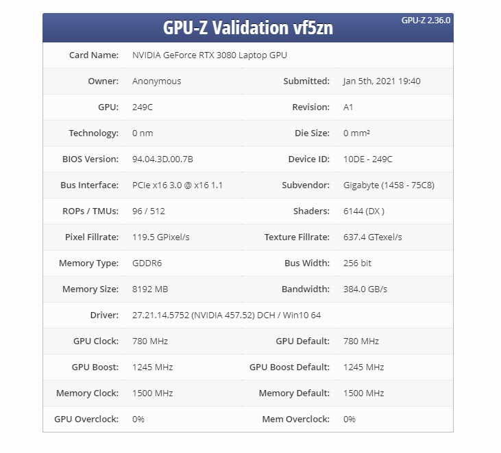 英偉達 RTX 3080 Max-Q 曝光：頻率降至 1245 MHz，8GB 顯存