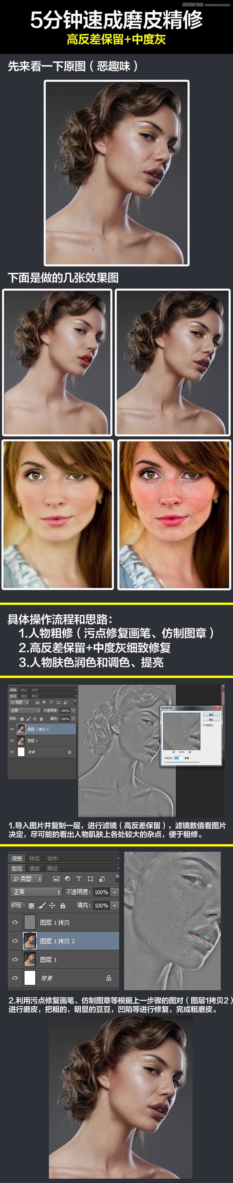 使用ps高反差保留和中性灰給人像磨皮