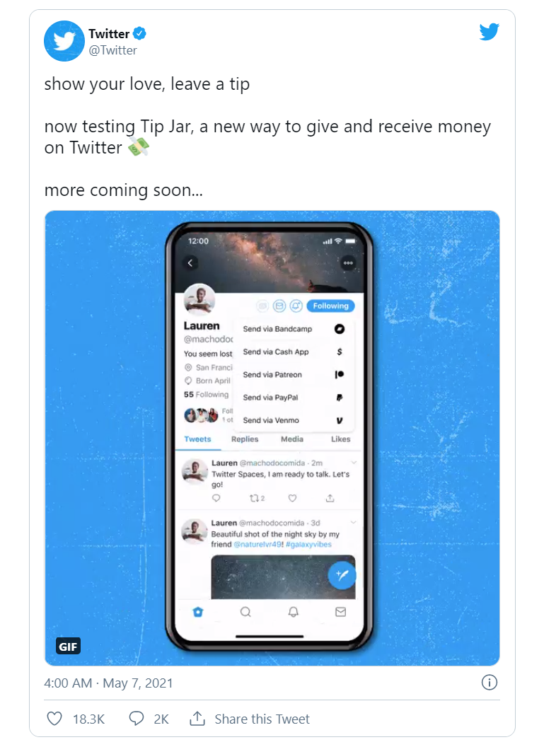 Twitter 在海外推出打賞功能,可將賬號與 PayPal/Venmo 免費打通