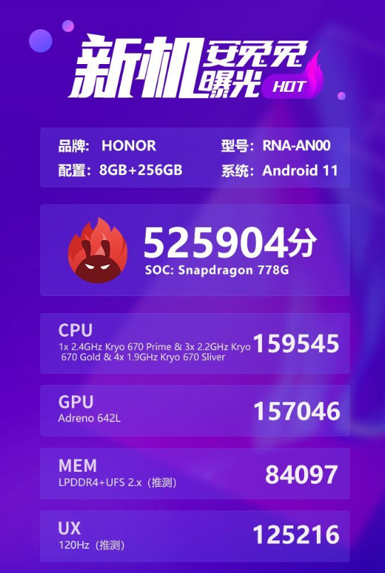 突破52萬分!榮耀50系列安兔兔跑分曝光:首發(fā)驍龍778G