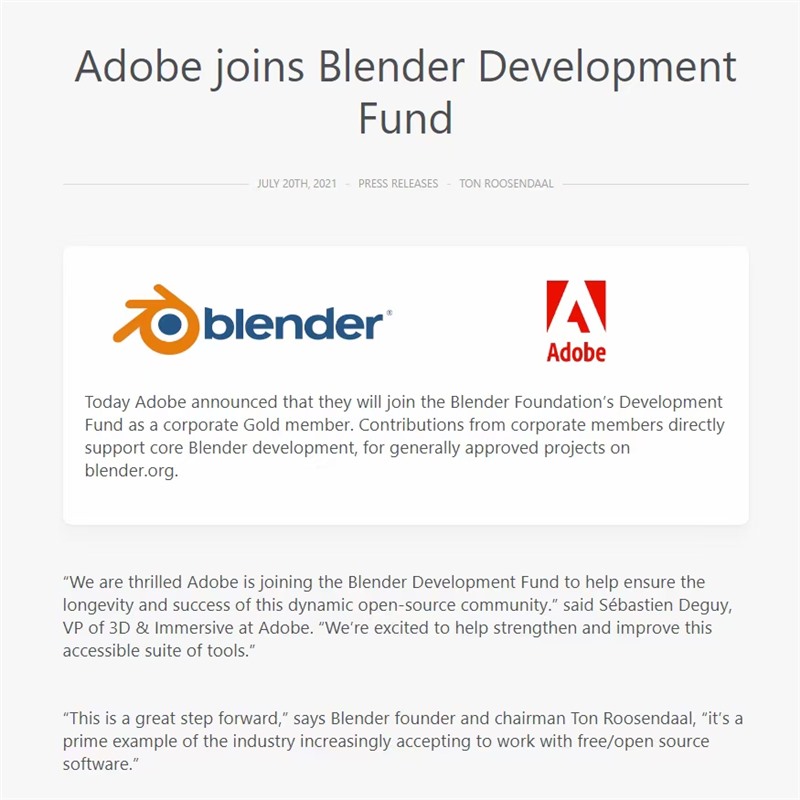 Adobe 加入 Blender 基金會:捐款將會直接支持 Blender 核心開發