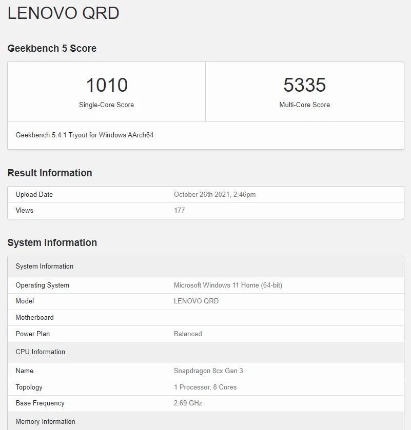 高通驍龍 8cx Gen 3 GeekBench 跑分曝光：單核 1010 多核 5335，不敵蘋果 M1 芯片
