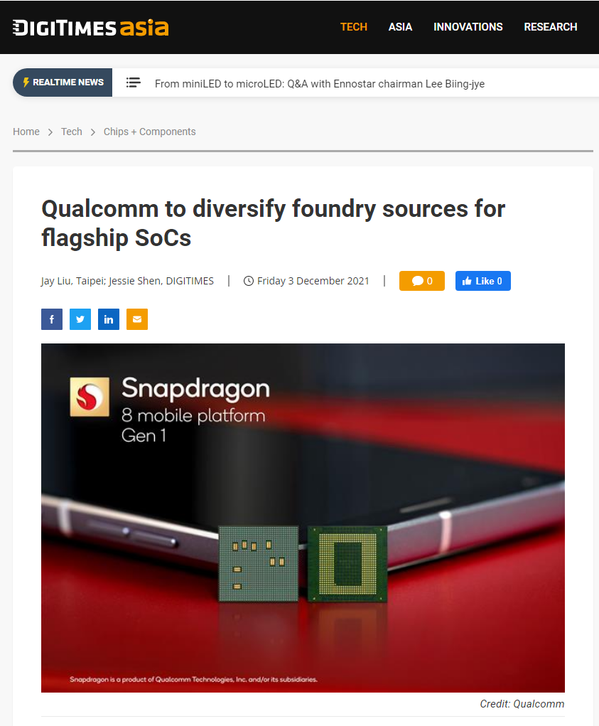 消息稱三星 4nm 工藝良品率低，高通可能將部分驍龍 8 Gen 1 訂單轉交臺積電