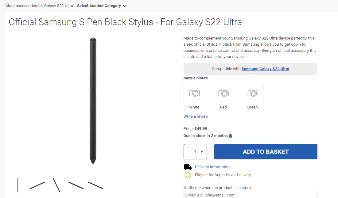 三星新款 S Pen 曝光，適用于 Galaxy S22 Ultra