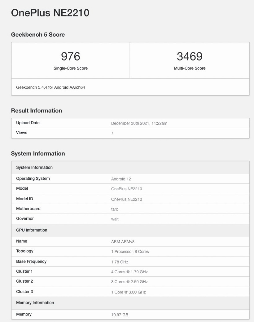 一加 10 Pro 現身 Geekbench:搭載高通驍龍 8,運行安卓 12 系統