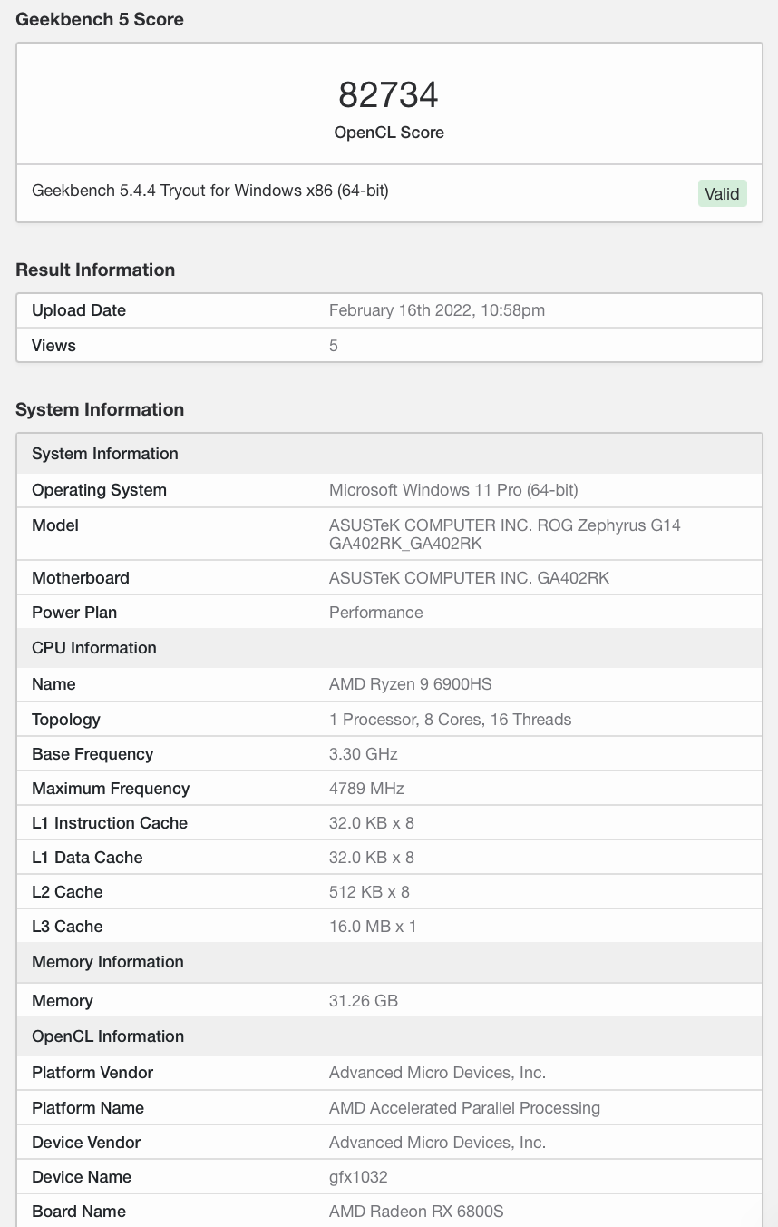 ROG 新款幻 14 Geekbench 跑分出爐:RX 6800S 分數不及 RTX 3060