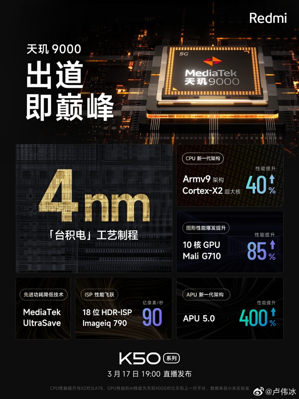Redmi K50系列處理器為天璣9000！盧偉冰：出道即巔峰