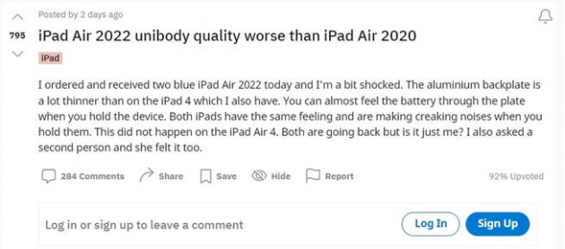 外媒:部分用戶稱蘋果iPad Air 5產品質量下降 外殼有異響
