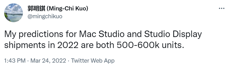 郭明錤:預計蘋果 Mac Studio 和 Studio Display 2022 年出貨量均為 50-60 萬臺