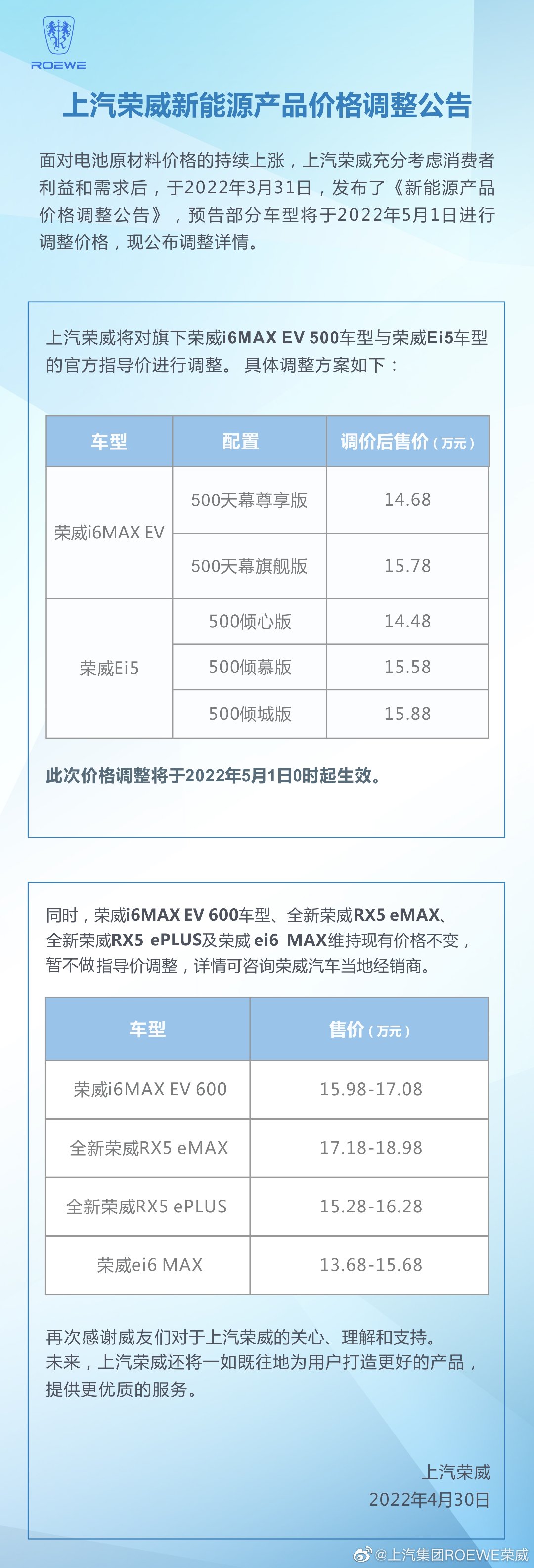 上汽榮威新能源產品宣布調價
